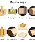 Diagram of Router Bit Set Fifteen Piece One Quarter Inch Shank With Three Bearings For Woodworking DIY with various bit shapes.
