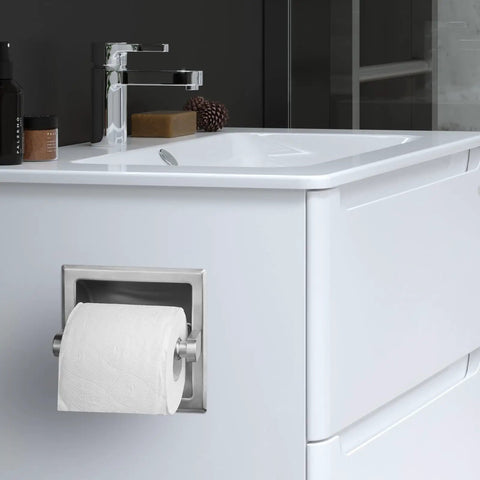 Recessed Toilet Paper Holder Built For Mega Rolls, 100 Percent 304 Stainless Steel With Brushed Nickel Finish installed in bathroom