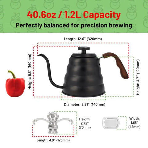 Gooseneck Pour Over Kettle With Built In Thermometer Pro Grade Stainless Steel Stovetop Kettle Insulated Handle 40.6 Oz 1200 Ml
