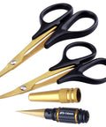 Pro Grade Titanium RC Body Reamer Tool And Straight Curved Scissors Set featuring black handles and titanium-coated blades.
