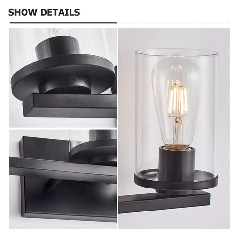 Close-up details of Three Light Vanity Light Fixture With Clear Glass Shades Slick Matte Black Wall Sconce for bathroom