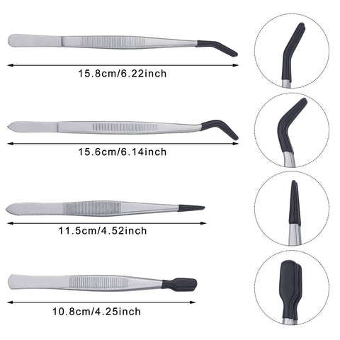 4 Piece Rubber Coated Tweezers Set With Straight Point Flat Tip And Long Bent Tips For Crafts Beads Stamps Jewelry Making