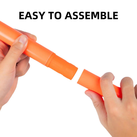 Hands assembling orange Six 5Ft Adjustable Agility Poles For Soccer Basketball Football Dog And Horse Training Speed And Agility Gear