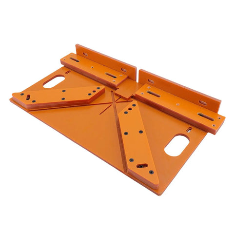 Straight Shooter Door And Window Casing Cutting Guide For Crisp Miter Corners with adjustable clamping bar, orange plastic design.