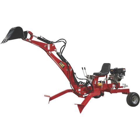 Towable Backhoe Trencher With 15 HP Gas Engine 80 Inch Digging Depth 14 Inch Wide 3 Tooth Bucket in red color side view