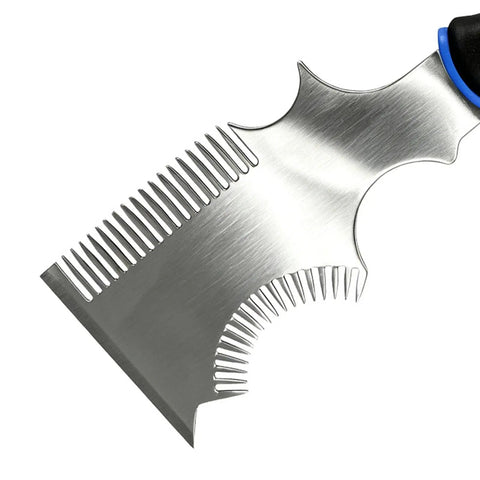 Close-up of The Smooth Operator All In One Paint Brush And Roller Cleaning Tool With A Heavy Duty Paint Can Opener straight scraper with a steel blade.