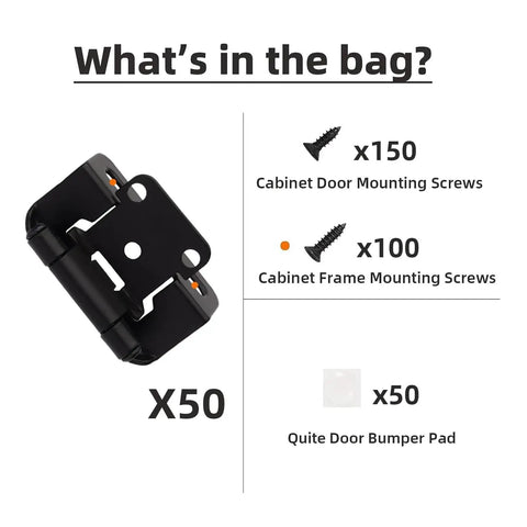 Half Inch Overlay Black Cabinet Hinges for Face Frame Cabinets Self Closing Semi Concealed with Screws and Quiet Bumpers No Fuss Five Pairs contents