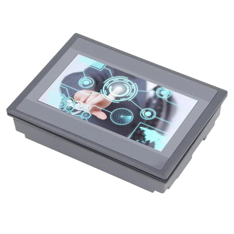 7 Inch HMI Display Panel With TFT LCD 12 Inputs 8 Outputs FX3U 20 40 48MRT Compatible Easy Install Plug and Play Ready ARM9 Processor IP65 Rugged Industrial Touch Panel For Automation, angled view