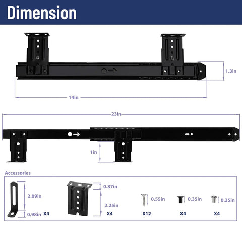 Heavy Duty 14 Inch Keyboard Slide With Ball Bearing Rails under desk tray diagram with dimensions and accessories