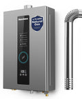 Indoor Natural Gas Tankless Water Heater Pushing Out Four Point Seven Five Gallons Per Minute While Cranking One Twenty Thousand Btu with flue pipe.