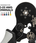 Ratcheting Ferrule Crimping Tool Set With Hex Pliers For 10-22 AWG Wire, showing crimping mechanism and terminal sizes.