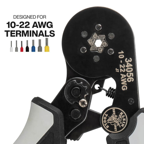 Ratcheting Ferrule Crimping Tool Set With Hex Pliers For 10-22 AWG Wire, showing crimping mechanism and terminal sizes.