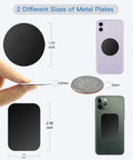 10 Piece Universal Magnetic Car Phone Mount Metal Back Plates In Matte Black with size details and usage on smartphones.