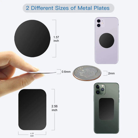 10 Piece Universal Magnetic Car Phone Mount Metal Back Plates In Matte Black with size details and usage on smartphones.