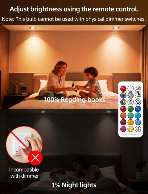 Scene with Color Changing GU10 RGB LED Bulb 12 Colors, 5W Dimmable, Remote Pack of 4 showing reading and night light settings.