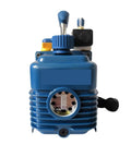 Badass Two Stage Rotary Vane Refrigerant Vacuum Pump With Pressure Gauge Hits Four CFM for HVAC systems, blue body, front view.