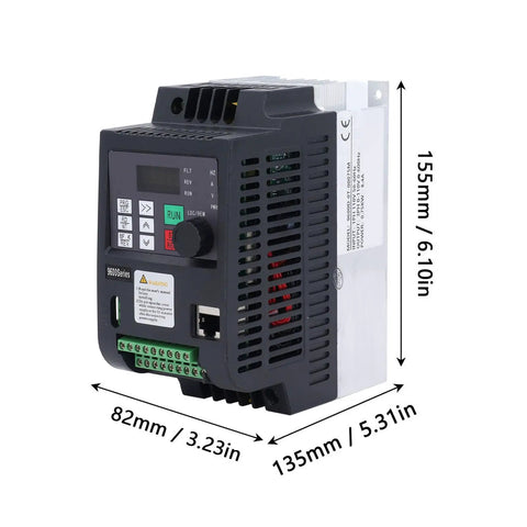 0.75KW Variable Frequency Drive with Builtin PID Controller and Efficient Cooling System shown from front angle with dimensions