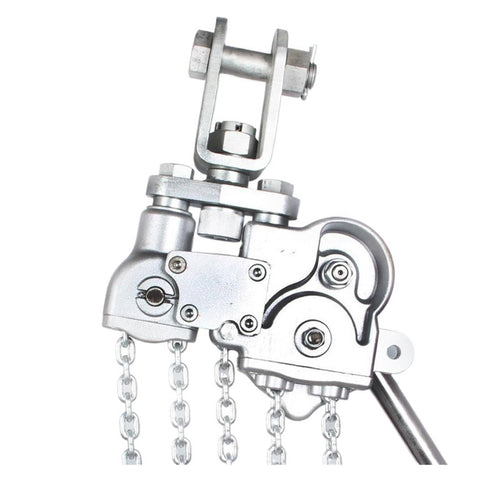 Close-up of Lightweight Aluminum Lever Chain Hoist 0.75T 1.5T 3T Manual Chain Block showing chain details and hook mechanism.