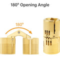 Eight Piece Set Of Eighteen Millimeter Concealed Brass Barrel Hinges Delivering A Full One Eighty Degree Swing For Cabinet Doors And Wood Furniture With Easy Mounting And Tough As Nails Construction showing 180° opening angle.