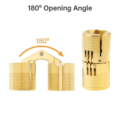 Eight Piece Set Of Eighteen Millimeter Concealed Brass Barrel Hinges Delivering A Full One Eighty Degree Swing For Cabinet Doors And Wood Furniture With Easy Mounting And Tough As Nails Construction showing 180° opening angle.
