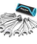 Stubby Metric Combination Wrench Set 12 Piece 8 To 19 mm Chrome Vanadium Hand Tools For Tight Spots Rust Resistant Chrome Finish Short Beam For Accessing Hard To Reach Fasteners, 12-piece set in case