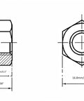 Technical diagram of 20Pcs M10 X 1.25mm Nylon Insert Hex Lock Nuts With Blue Nylon Insert, 304 Stainless Steel, self-locking design.