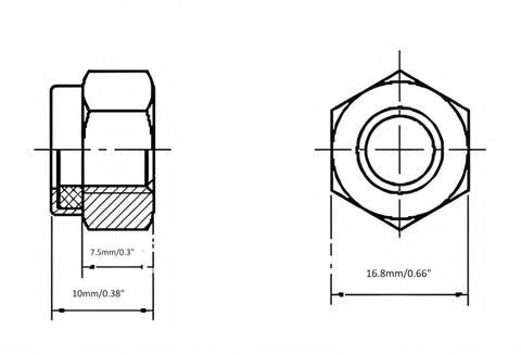 Technical diagram of 20Pcs M10 X 1.25mm Nylon Insert Hex Lock Nuts With Blue Nylon Insert, 304 Stainless Steel, self-locking design.