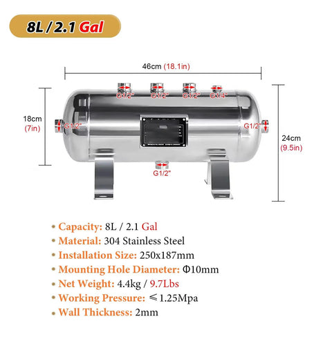 Heavy Duty 8L Portable Air Compressor Receiver Tank Made From Top Tier 304 Stainless Steel For Car Tires And Industrial Tasks Durable Mirror Finish With Secure Mount Brackets And Essential Fittings Fits Under Hood Or In Garage Easy Install No Rust