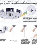 2 Ring Crystal LED Chandelier Pendant Light In Chrome, adjustable hanging cables and locking pin demonstration, ceiling fixture.