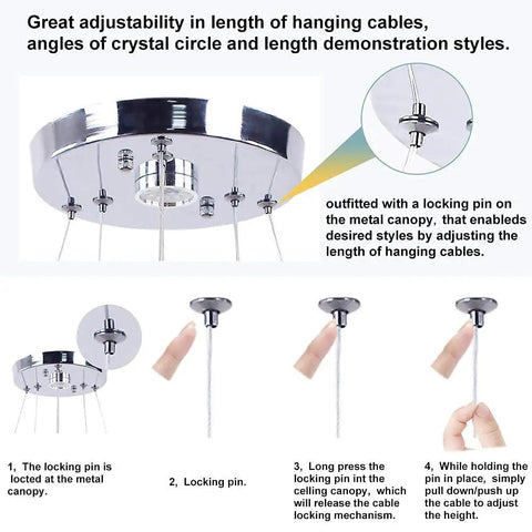 2 Ring Crystal LED Chandelier Pendant Light In Chrome, adjustable hanging cables and locking pin demonstration, ceiling fixture.