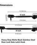 Image showing dimensions of 8-Inch Heavy Duty Barn Door Hook and Eye Latch in black finish, with 6 and 8-inch options.