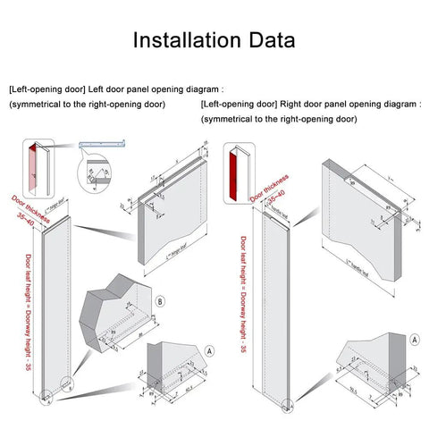 Installation data diagram for 180 Degree Folding Door Hinge Kit For Small Spaces Wooden Sliding Hardware showing dimensions and door thickness.