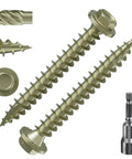 One Pound Pack Of 12 Gauge Exterior Lag Screws, 2 Inch Length, Hex Washer Head, 5.5x50mm, Yellow Coated Exterior Wood Screws shown close-up