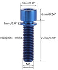 Top Shelf Grade 5 Titanium Hex Bolts M7 25 Millimeter Size With Included Flat Washers Built Tough Ride Ready Rust Proof Bike Hardware Upgrade Pack Of 4 Blue showing dimensions.