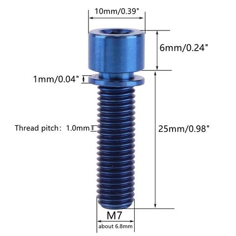 Top Shelf Grade 5 Titanium Hex Bolts M7 25 Millimeter Size With Included Flat Washers Built Tough Ride Ready Rust Proof Bike Hardware Upgrade Pack Of 4 Blue showing dimensions.