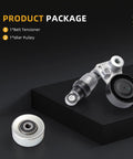 Idler Pulley With Belt Tensioner Kit #39104 36325 For Hyundai Veracruz Sonata Santa Fe Kia Telluride And Palisade V6 Engine Replacement To Fix Squeaky Noise And Keep Your Rides Running Smooth Like A Dream. Product package with belt tensioner and idler pulley