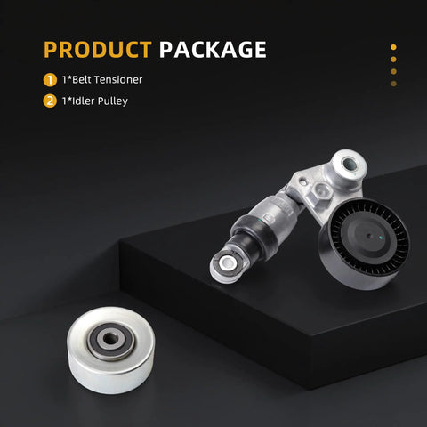 Idler Pulley With Belt Tensioner Kit #39104 36325 For Hyundai Veracruz Sonata Santa Fe Kia Telluride And Palisade V6 Engine Replacement To Fix Squeaky Noise And Keep Your Rides Running Smooth Like A Dream. Product package with belt tensioner and idler pulley
