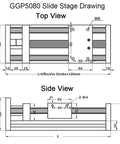 Beefy 50mm Wide Linear Guide Slide Table With SFU1204 Ball Screw, 200mm Travel, 57mm Opening, 2.2Nm Torque, 1605 1610 Leads, Nema 23 Stepper Compatible, Perfect For CNC Router And Milling Motion. technical drawing top and side view with dimensions
