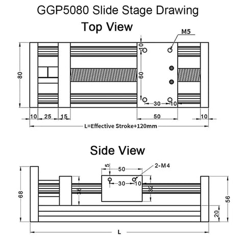 Beefy 50mm Wide Linear Guide Slide Table With SFU1204 Ball Screw, 200mm Travel, 57mm Opening, 2.2Nm Torque, 1605 1610 Leads, Nema 23 Stepper Compatible, Perfect For CNC Router And Milling Motion. technical drawing top and side view with dimensions