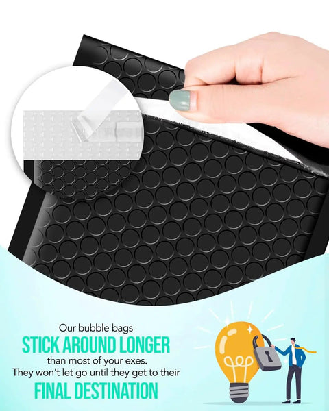 Hand peeling open the seal of 5x10 Inch Black Bubble Mailers Self Sealing Padded Envelopes, 100 Pack, Inner 9 Inch Size