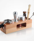 Kickstart Your Morning Routine With This Boss Level Espresso Tamping Station Featuring True 58Mm Calibration And Gorgeous Reclaimed Wood Tray To Slick Out Your Everyday Coffee Bar Setup, displaying tools on a solid beech wood platform.