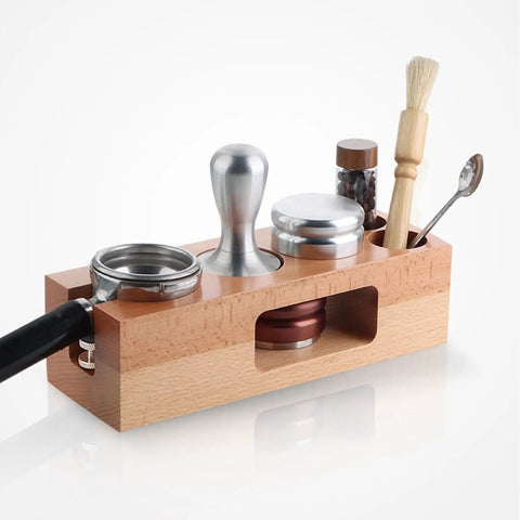 Kickstart Your Morning Routine With This Boss Level Espresso Tamping Station Featuring True 58Mm Calibration And Gorgeous Reclaimed Wood Tray To Slick Out Your Everyday Coffee Bar Setup, displaying tools on a solid beech wood platform.