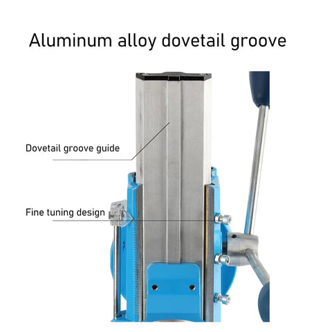HaloVerde Mini Drill Press Stand With 90 Degree Rotatable Fixture And 80mm Stroke Fits 38 To 50mm Drills showing aluminum alloy dovetail groove design.