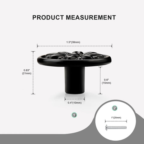 Black Floral Embossed Solid Zinc Alloy Cabinet Handles 4 Pack For Single Hole Installations shown with measurements and screw dimensions.