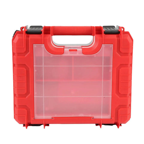 Red hard plastic storage case with transparent lid, designed for organizing tools and accessories for Rock Solid Brushless Cordless Drill.
