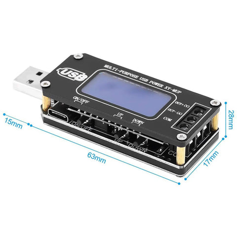 DC-DC Step Up Down Power Converter Module With Beefy USB Type-C Micro USB Input, Adjustable 1.0V-24V Output From 3.5V-12V, 2-3W, Boost Buck Voltage Regulator, Digital Voltmeter Ammeter Display, Battery Capacity Tester, shown with USB interface, digital display, and dimensions labeled at 63mm length, 28mm width.
