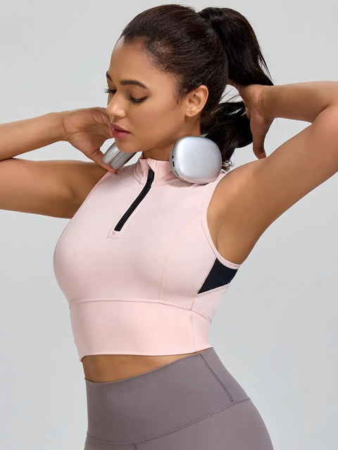 Cropped Workout Tank For Women With Built In Bra Half Zip High Neck Sports Top Medium Support Sleeveless Athletic Tank in Chintz Rose
