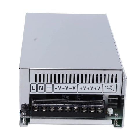 Beefy 600W DC Switching Power Supply For Industrial Automation, Reliable Converter With LED Indicators, Aluminum Alloy Enclosure, Wide 100 To 240V AC Input, Quiet, Efficient Performance For LEDs And Control Systems front terminal view