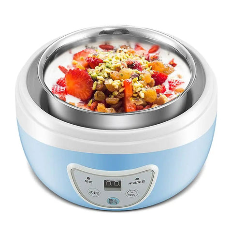 Fully Automatic Smart Yogurt Maker With Premium Stainless Steel Fermenting Jar For No Sweat Homemade Dairy showing yogurt with toppings in a steel jar.