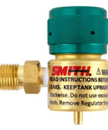 Preset Oxygen Regulator For Disposable Cylinders 14.1 Oz And 16 Oz Tanks With 9/16 Inch Hose, Green Color, side angle view